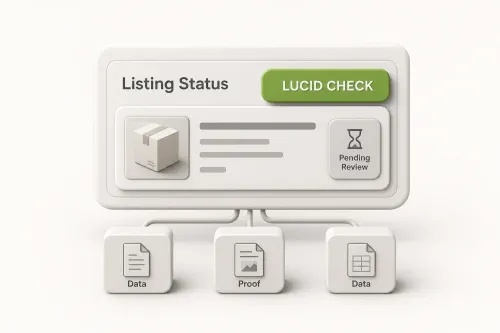 Editorial 3D dashboard showing a LUCID verification checkpoint with a pending listing status.
